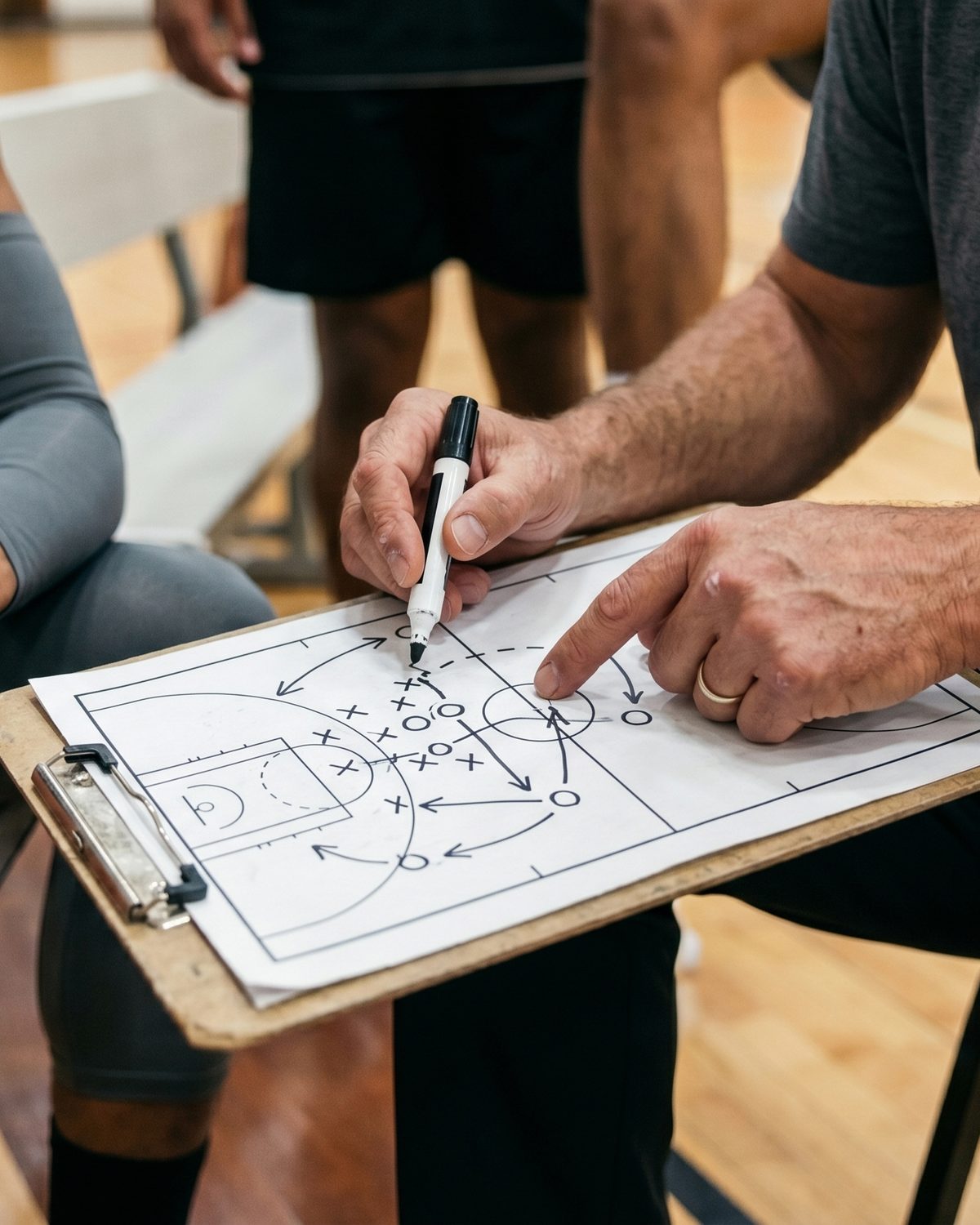 Coach che disegna uno schema di gioco sul blocco tattico in panchina