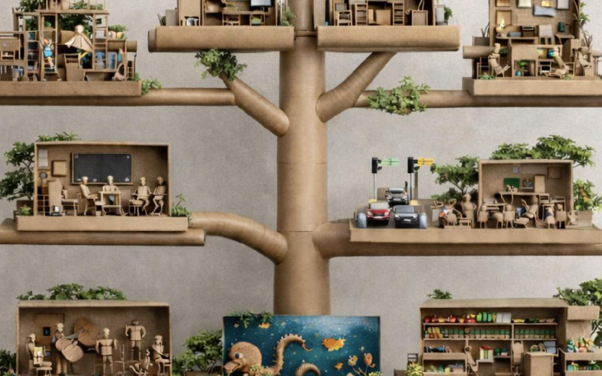 Installazione collettiva a forma di albero con stanze in cartone costruite dai team